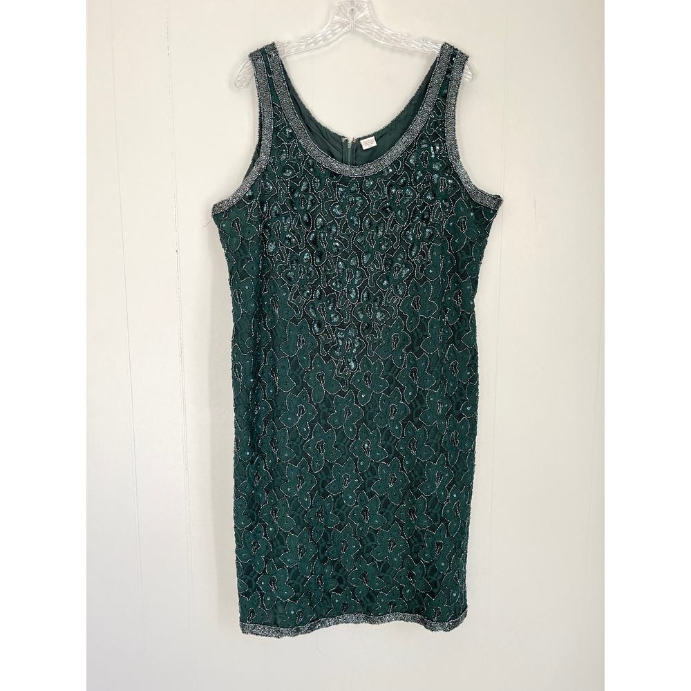 Vintage Fully Beaded Green Sheath Dress 3X Plus‎ Sized Cocktail Coquette Dainty